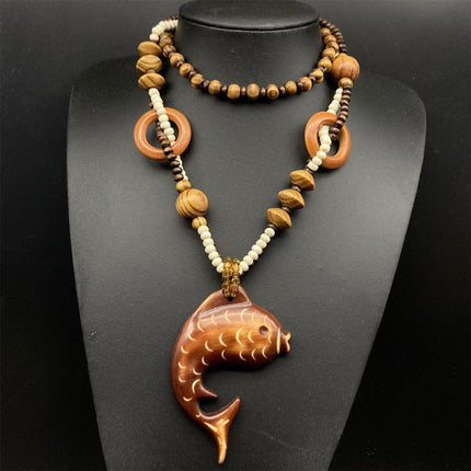 Long Wood Necklace with Fish Pendant Unique Fashion Jewelry Ornament