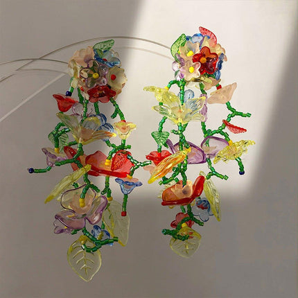 Colourful Flower Long Drop Earrings Elegant Sweet Jewelry for Women Fashion Gift