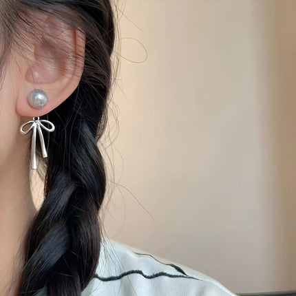 Grey Pearl Ribbon Long Tassel Earrings Elegant Fashion Jewelry for Women Gift