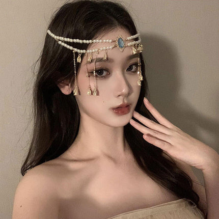 Exotic Sapphire Tassel Headwear Antique Dancer Pendant Hair Accessories Necklace