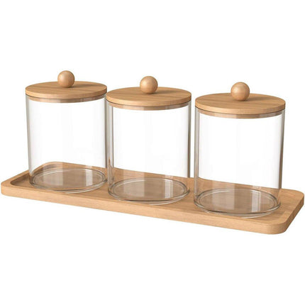 3pcs/set Cotton Swab Holder with Vanity Tray Clear Apothecary Jar Wood Lids