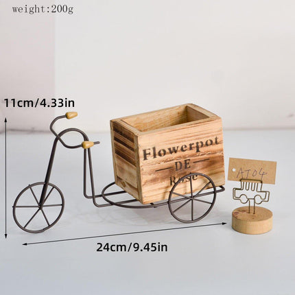Retro Iron Bicycle Ornament with Wooden Flower Pot Green Plant Holder Decor