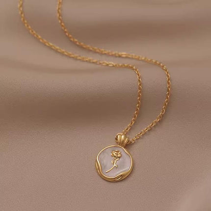 White Gold Plated Round Rose Natural Shell Pendant Necklace Pearlescent Gift - Aimall