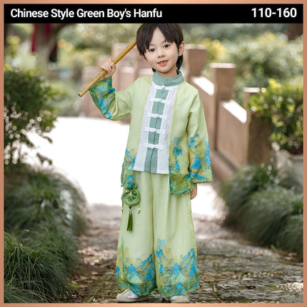 Boys Landscape Painting Performance Costume Chinese Style Traditional Green Set