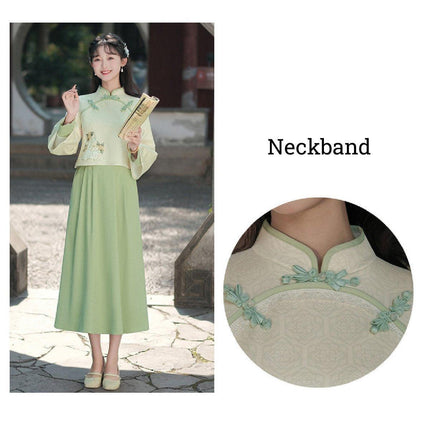 New Chinese Embroidery Green Hanfu Two-Piece Set Autumn Winter Coil Buckle Daily