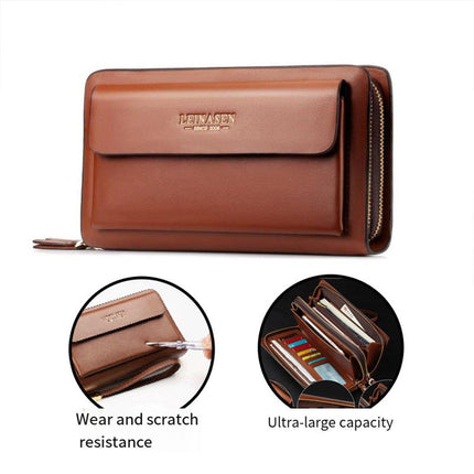 Commuter Clutch Bag for Men Long Leather Wallet Handbag Casual Travel Purse