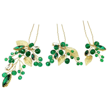Wedding Bridal U Shaped Hairpins Emerald Green Leaf Bun Clips Women Rhinestone