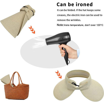 Women Roll Up Sun Visor Wide Brim Straw Hat Summer Foldable UV Protection Cap