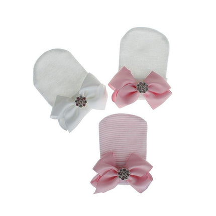 3PCS Baby Girl Knit Hat Pink Stripe Glitter Bow Newborn Pullover Warm Winter Cap