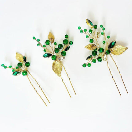 Wedding Bridal U Shaped Hairpins Emerald Green Leaf Bun Clips Women Rhinestone