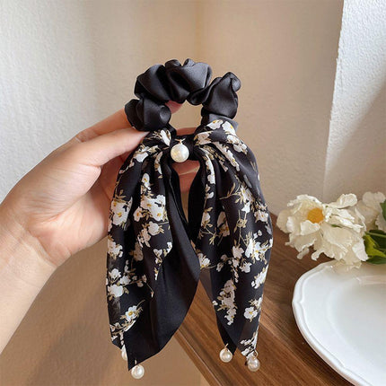Vintage Boho Silk Bowknot Flower Hair Scrunchies Women Hair Bands Rope Pearl - Aimall
