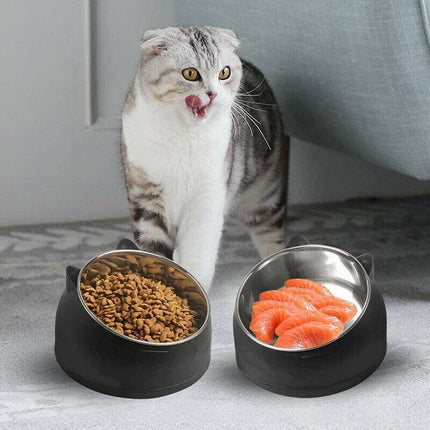 Pet Dog Cat Food Bowl Raised No Slip Stainless Steel Tilted Water Food Feeder - Aimall