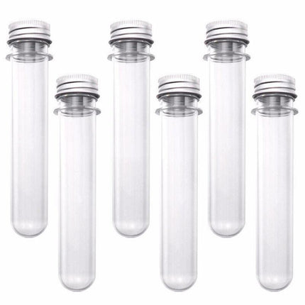 Plastic Test Tubes with metal caps displayed on a laboratory counter.