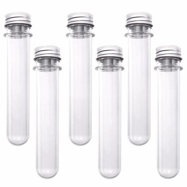 Plastic Test Tubes with metal caps displayed on a laboratory counter.