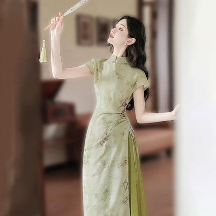 New Chinese Style Green Cheongsam Dress Daily Wear Modern Improved Dresses