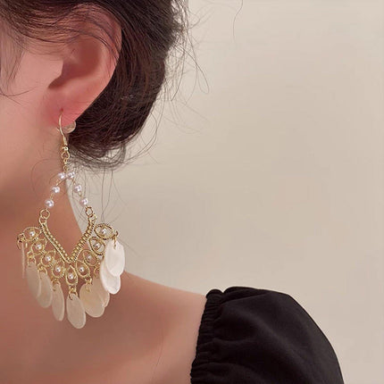 Shell Tassel Earrings Court Style Geometric Scalloped Design Fashion Jewelry