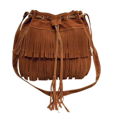 Brown Soft Velvet Tassel Womens Drawstring Shoulder Crossbody Bag for Fashion