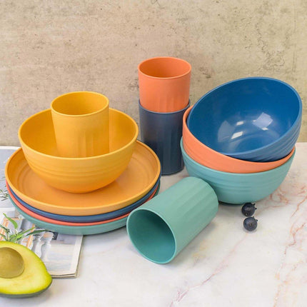 16Pcs Wheat Straw Dinnerware Serving Set Unbreakable Tableware Plates Microwave