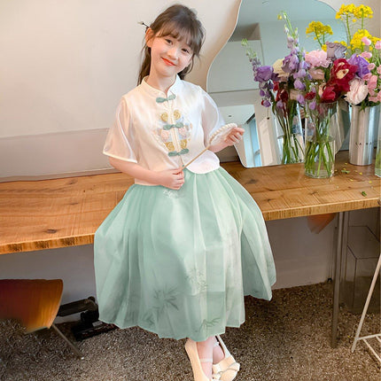 Girls Short Sleeve Dress Chinese Style Skirt Traditional Summer Outfit