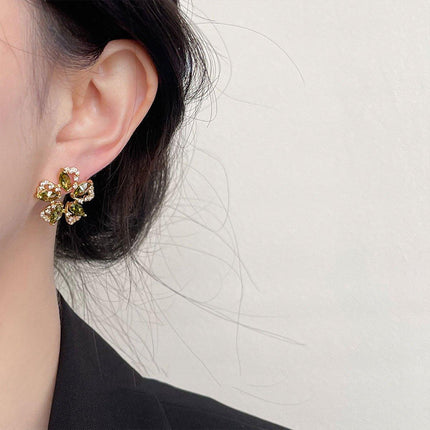 Luxury Olive Green Zircon Flower Earrings Fashion High-end Needle Earrings
