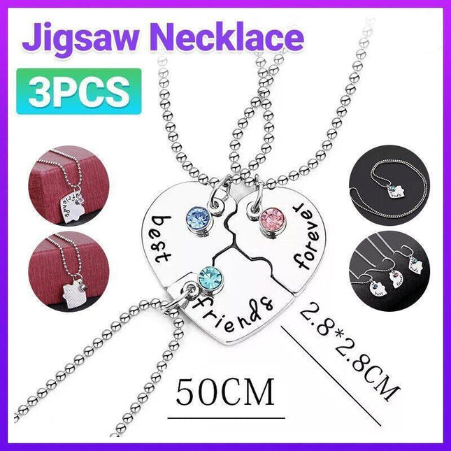 3Pcs Best Friends Forever Heart Pendant Necklace Friend Jigsaw Necklace - Aimall