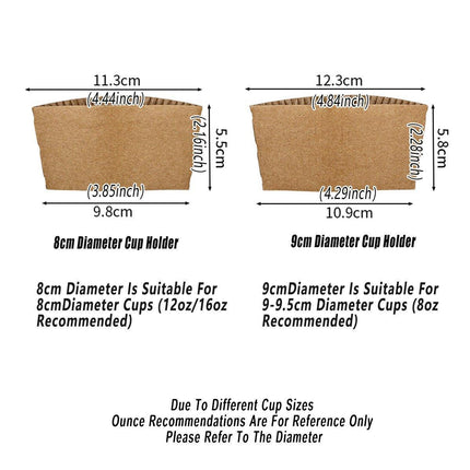 200X Coffee Cup Sleeves Kraft Paper Disposable Corrugated For Hot Or Cold 8/9CM