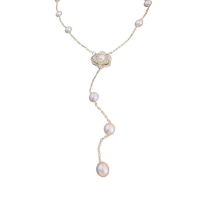 Gold Flower Pearl Tassel Necklace Elegant Temperament Jewelry Gift for Women
