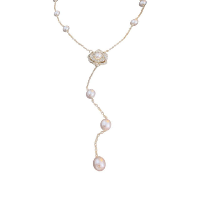 Gold Flower Pearl Tassel Necklace Elegant Temperament Jewelry Gift for Women