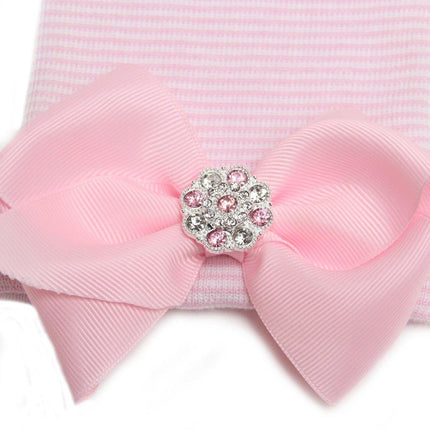 3PCS Baby Girl Knit Hat Pink Stripe Glitter Bow Newborn Pullover Warm Winter Cap