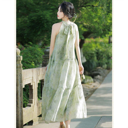 Women Chinese Style Green Halter Neck Long Dress Elegant Evening Gown