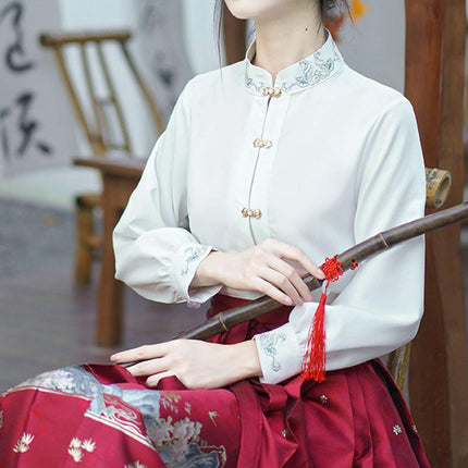 Chinese Style Women Autumn Standing Collar White Shirt Fashion Inner Tops