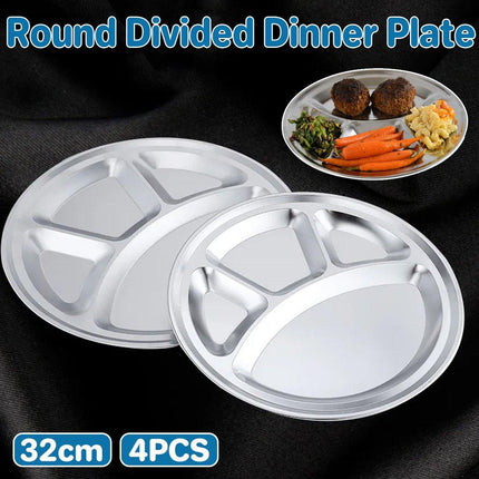 4pcs Stainless Steel Round Dinner Plates 4 Compartment Food Serving Trays Set