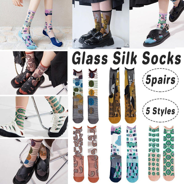 5Pair Thin Cartoon Trendy Socks Sheer Street Style Glass Silk Unisex Socks Party