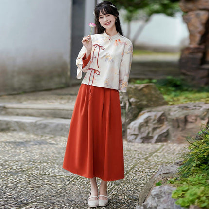 Autumn Winter New Chinese Style Cheongsam Top Women girl Fashion Improved Skirt Dress Suit - Aimall