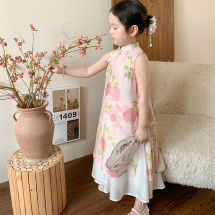Girls New Chinese Style Cheongsam Dress Set Summer Traditional Outfit