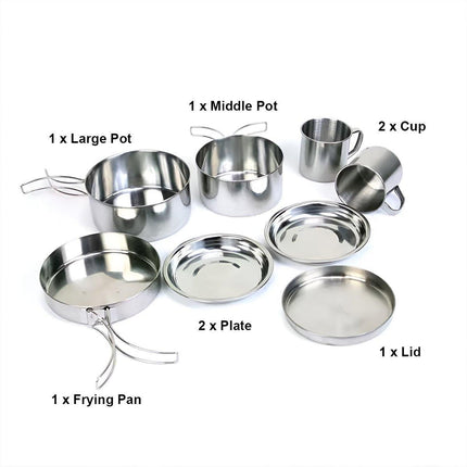 8PCS Camping Cookware Stainless Steel Outdoor Picnic Pot Cook Pan Set Hiking BBQ - Aimall