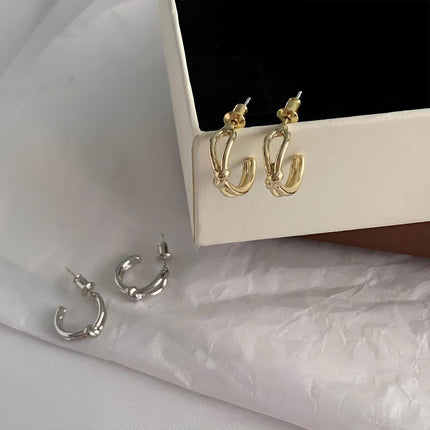 Knotted C-Shaped Double Layer Metal Earrings Alloy Fashion Jewelry for Women - Aimall