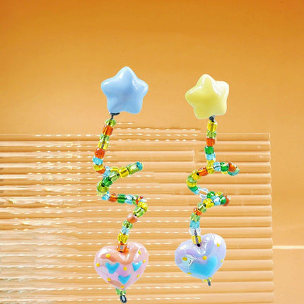Colourful Beaded Resin Love Earrings Asymmetrical Cloud Drop Long Dangle Jewelry