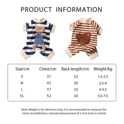 Cute Bear Striped Dog Home Clothes Cat Pet Outfit Cozy Animal Pajamas for Pets