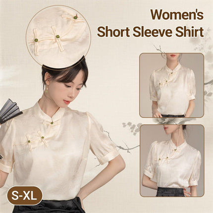 Women Satin Short Sleeve Blouse Chinese Button Top New Fashion Shirt Ladies