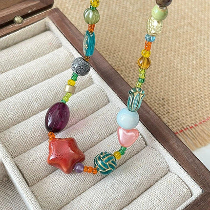 Colourful Ethnic Vintage Beaded Necklace Bracelet Ring Set Boho Jewelry Girl