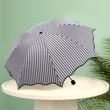 Stripe Sun Umbrella Rainy Folding Umbrella Women Sunscreen Black Rubber Sunshade