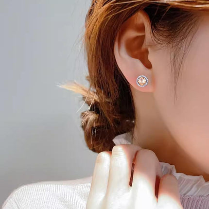 Female Round Zircon Stud Earrings Full Diamond Boucle Big Hollow Cubic Gift - Aimall