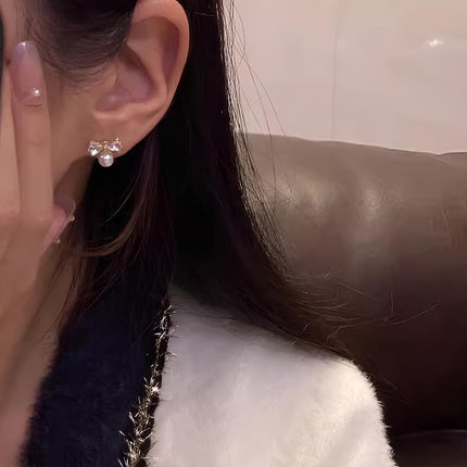 White Zircon Crystal Pearl Bow Tie Stud Earrings Elegant Best Gift for Women - Aimall