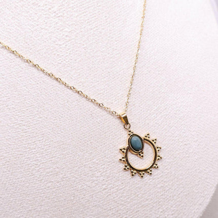 Natural Blue Stone Pendant Necklace Vintage Carved Geometric Jewelry Gift