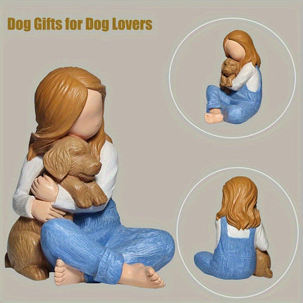Little Girl Holding Dog Resin Figurine Cute Home Decoration Gift for Pet Lovers