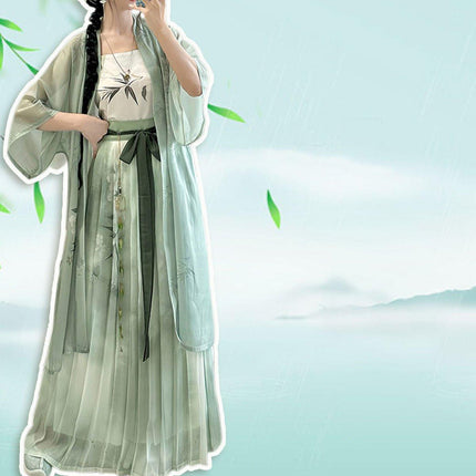 Hanfu Women Half Sleeve Pleated Skirt Waist Dress Spring Summer Daily Suit