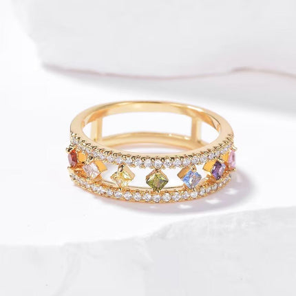 Rainbow Gold Ring Women Fashion Colorful Band Jewelry Gift 6-10 Sizes Ring