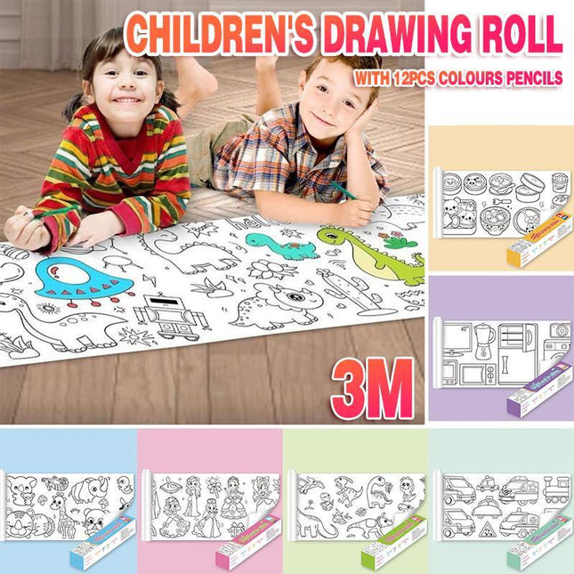 Children's Drawing Roll W/12Pens,DIY Sticky Filling Paper Early Educational Gift - Aimall