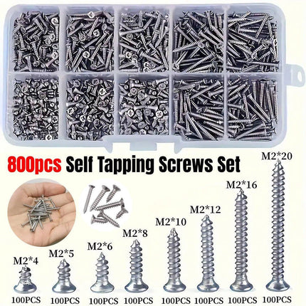 800Pcs M2 Kit Assorted  Self Tapping Screw Cross Flat Head